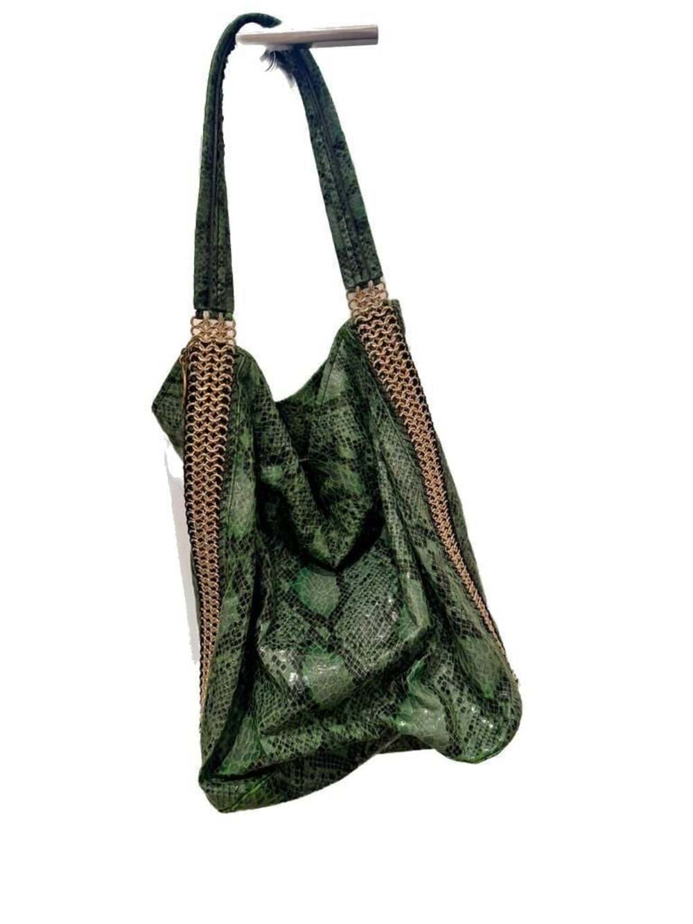 Stella McCartney Green Snake-Print Hobo with Gold Chain Trim